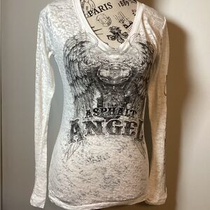 ASPHALT ANGELS SHEER BIKER LONG SLEEVE TEE WHITE V-NECK BREATHABLE WOMENS SZ LG